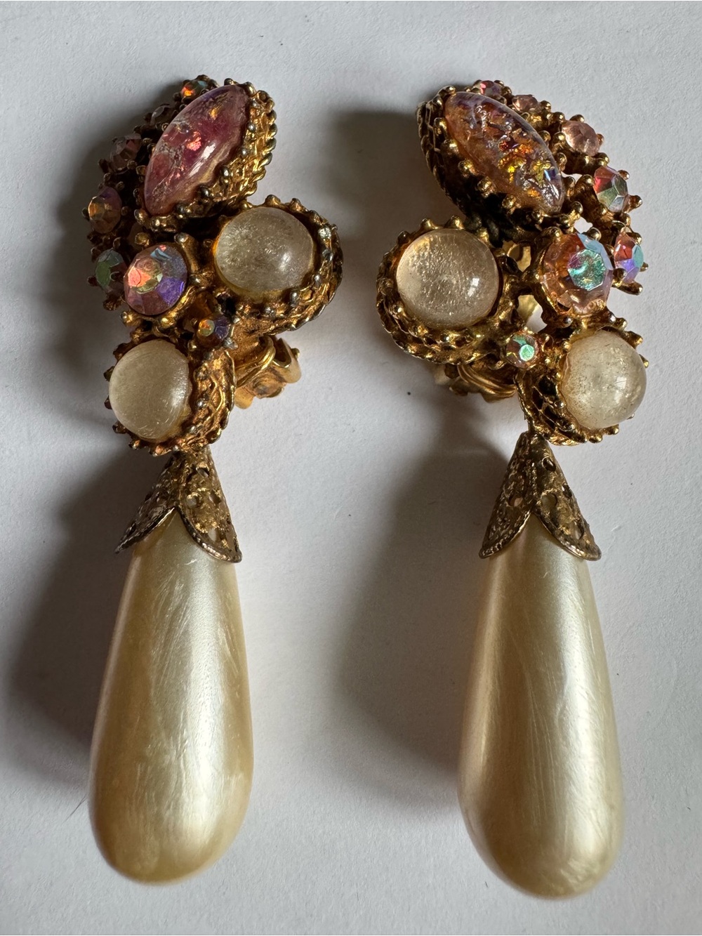 Vintage Unsigned Haskell Style Faux Baroque Pearl AB Rhinestone Dangle Earrings